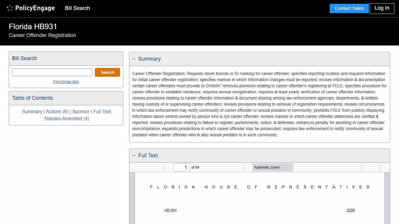 HB931 Florida 2026 Career Offender Registration - Legislative Tracking PolicyEngage