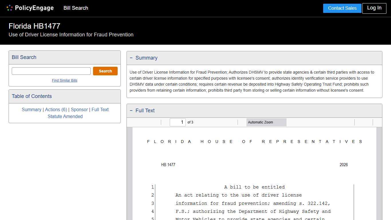 HB1477 Florida 2026 Use of Driver License Information for Fraud Prevention - Legislative Tracking PolicyEngage